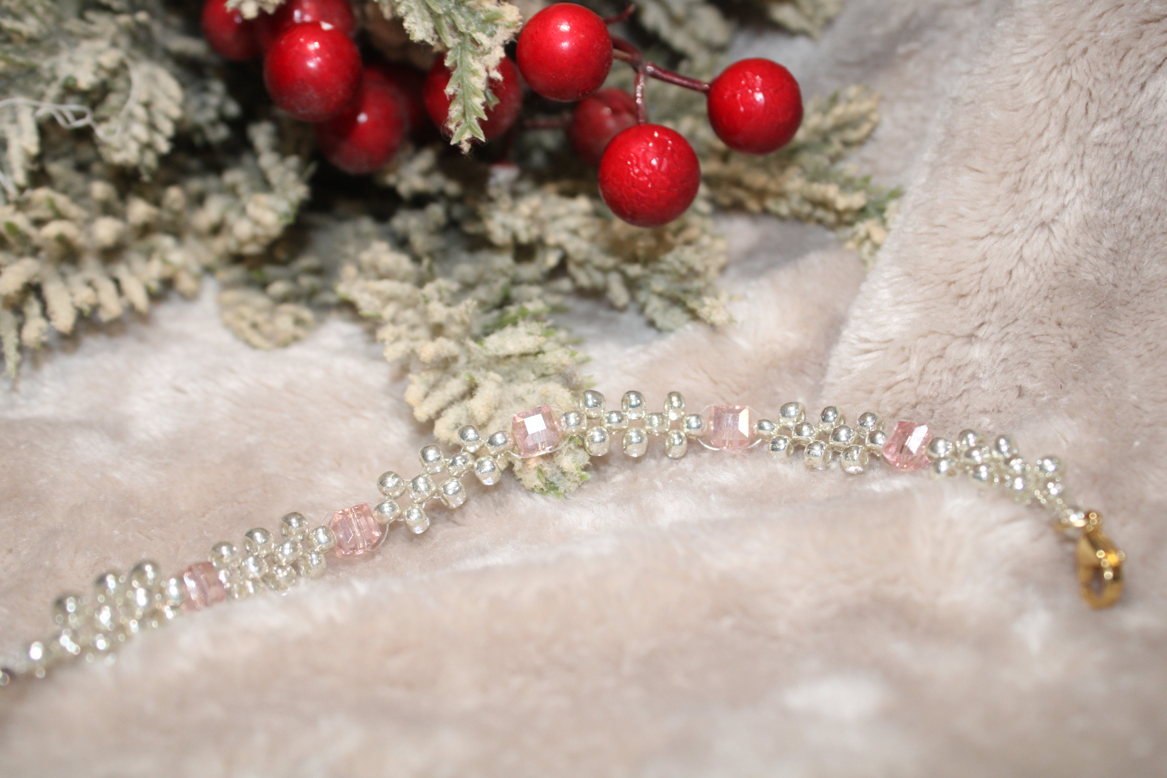 Silver and pink bead bracelet